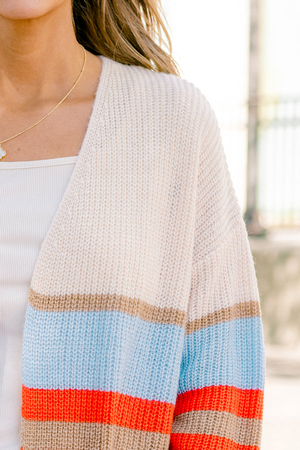 Chic Soul Plus size clothing, brown long sleeve cardigan with blue orange and brown stripes on the waist area 