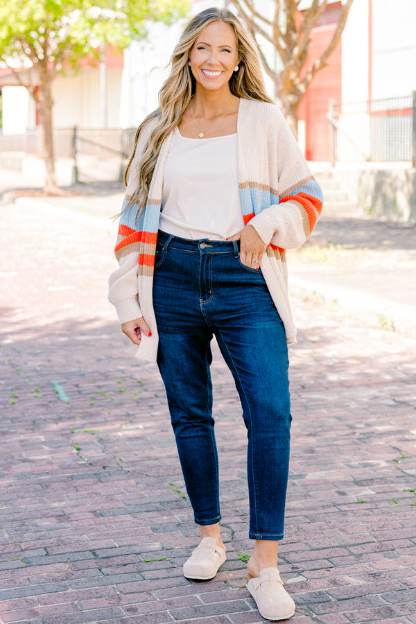 Chic Soul Plus size clothing, brown long sleeve cardigan with blue orange and brown stripes on the waist area 