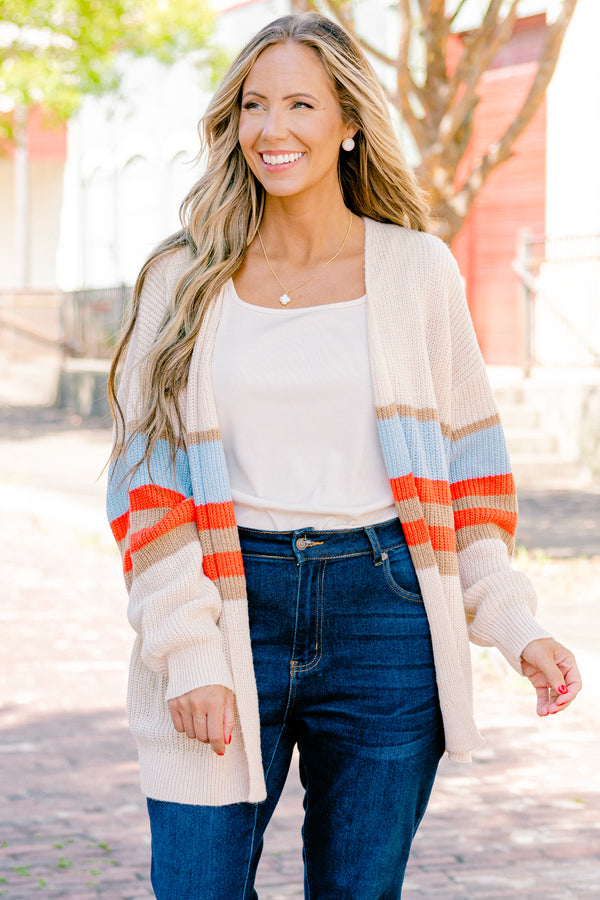 Chic Soul Plus size clothing, brown long sleeve cardigan with blue orange and brown stripes on the waist area 