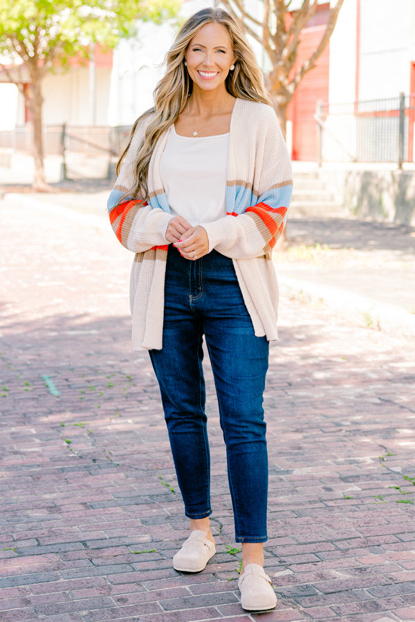 Chic Soul Plus size clothing, brown long sleeve cardigan with blue orange and brown stripes on the waist area 