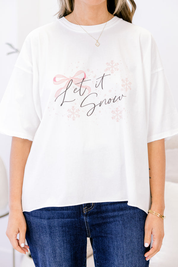 Chic Soul plus size clothing, white oversized tee with a pink bow and snowflakes with 