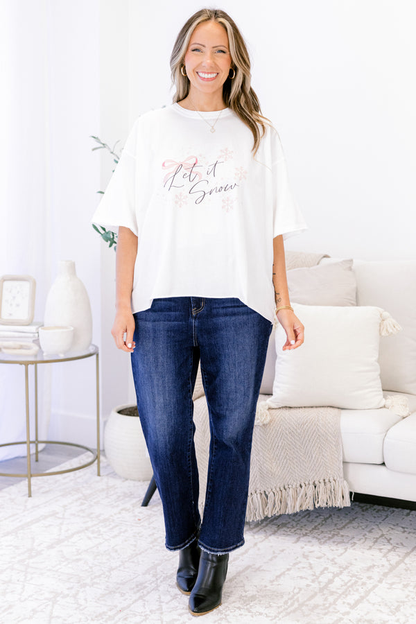 Chic Soul plus size clothing, white oversized tee with a pink bow and snowflakes with 