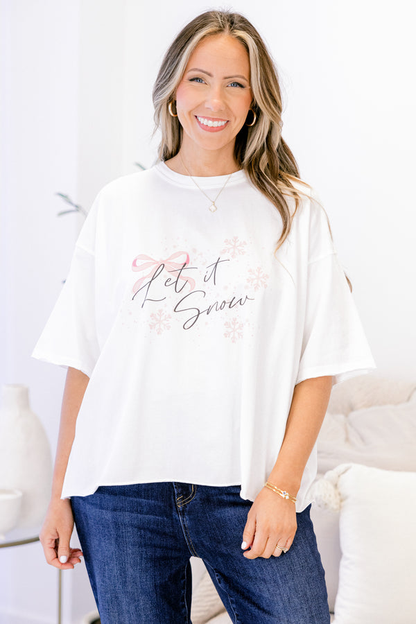 Chic Soul plus size clothing, white oversized tee with a pink bow and snowflakes with 