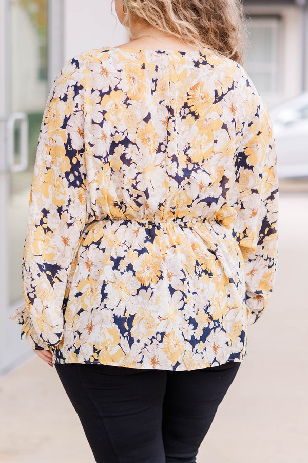 Chic Soul plus size clothing, gold floral v neck longsleeve top that sinches at the ribcage area