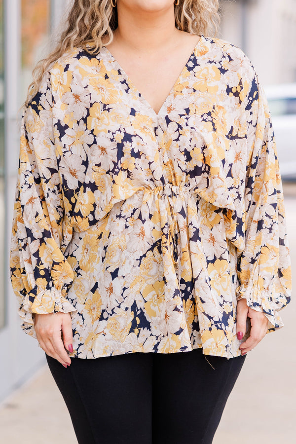 Chic Soul plus size clothing, gold floral v neck longsleeve top that sinches at the ribcage area
