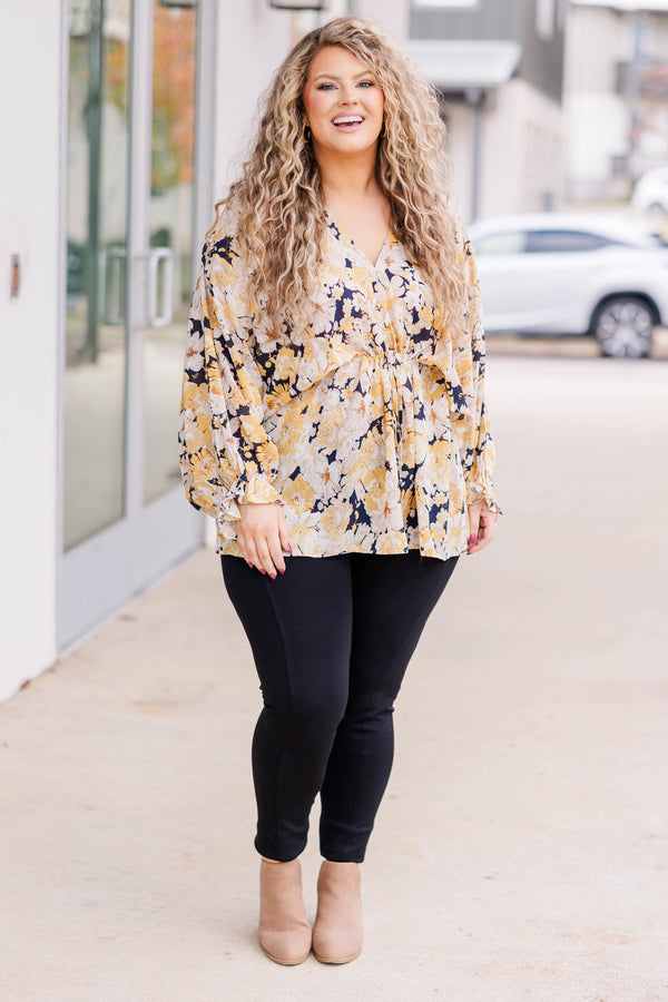 Chic Soul plus size clothing, gold floral v neck longsleeve top that sinches at the ribcage area