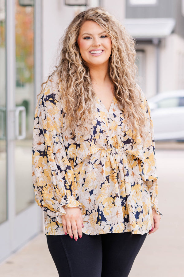 Chic Soul plus size clothing, gold floral v neck longsleeve top that sinches at the ribcage area