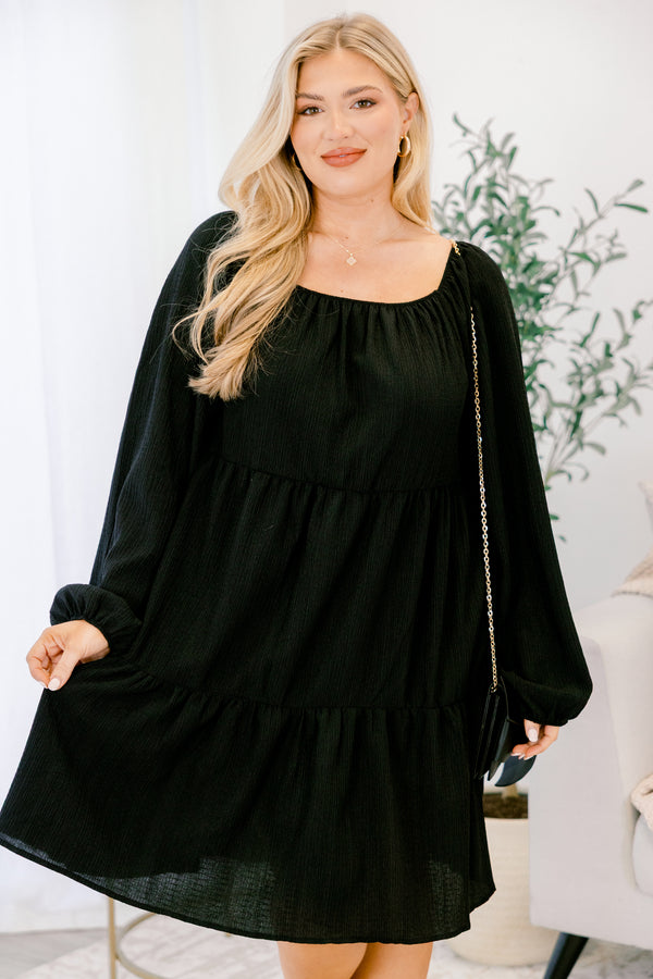 Chic Soul plus size clothing, long sleeve knee length three tiered black dress