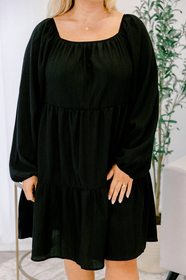 Chic Soul plus size clothing, long sleeve knee length three tiered black dress
