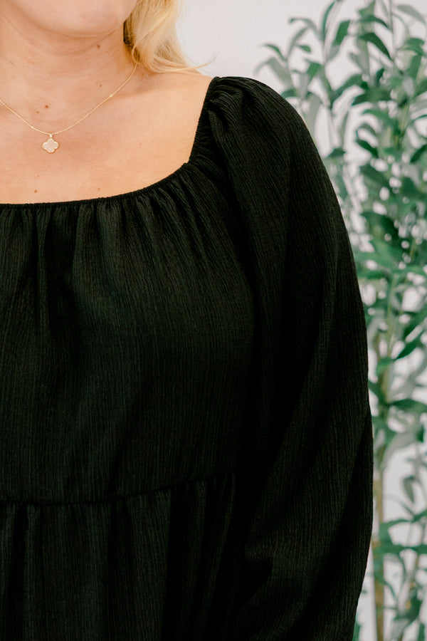 Chic Soul plus size clothing, long sleeve knee length three tiered black dress