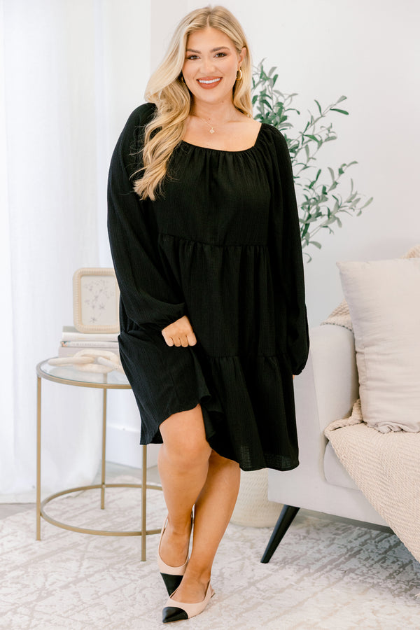 Chic Soul plus size clothing, long sleeve knee length three tiered black dress
