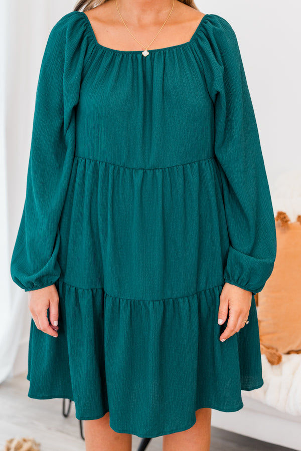 Chic Soul plus size clothing, long-sleeve flowy teal green ruffled baby doll dress with square-neckline and balloon sleeve detailing 