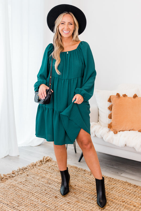 Chic Soul plus size clothing, long-sleeve flowy teal green ruffled baby doll dress with square-neckline and balloon sleeve detailing 