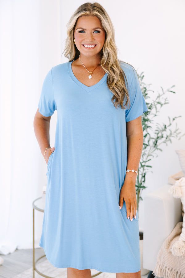 Plus Size short sleeve blue V-neck mini dress with side pockets in a soft bamboo fabric.