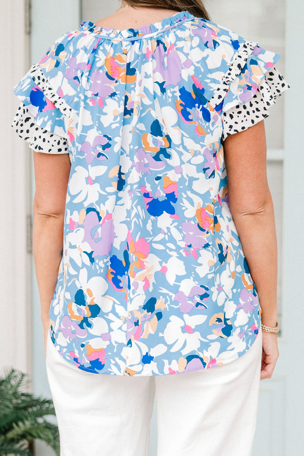 Chic Soul plus size clothing, light blue floral pattern top with ruffle sleeves with floral and spotted pattern on sleeves