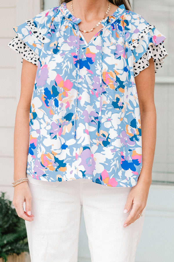 Chic Soul plus size clothing, light blue floral pattern top with ruffle sleeves with floral and spotted pattern on sleeves