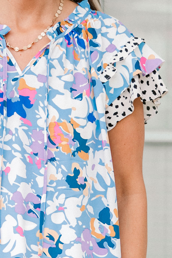 Chic Soul plus size clothing, light blue floral pattern top with ruffle sleeves with floral and spotted pattern on sleeves