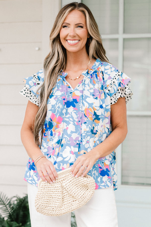 Chic Soul plus size clothing, light blue floral pattern top with ruffle sleeves with floral and spotted pattern on sleeves
