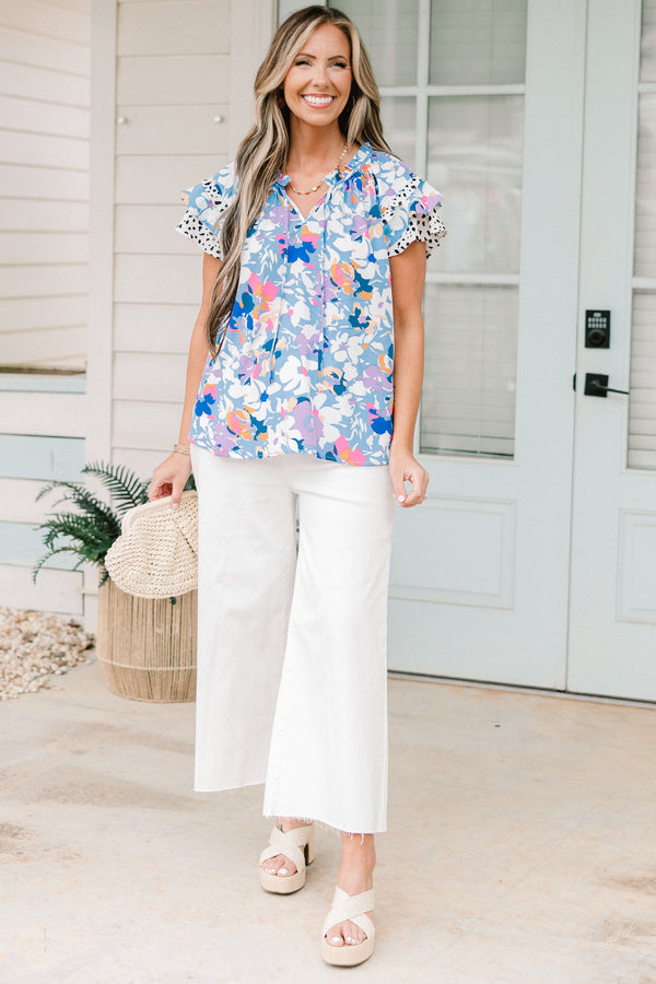 Chic Soul plus size clothing, light blue floral pattern top with ruffle sleeves with floral and spotted pattern on sleeves