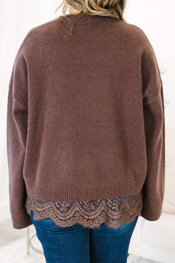 Plus Size brown crewneck sweater with long sleeves and a delicate lace trim at the hem.