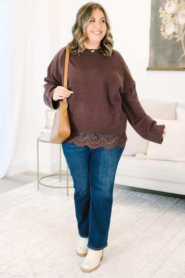 Plus Size brown crewneck sweater with long sleeves and a delicate lace trim at the hem.