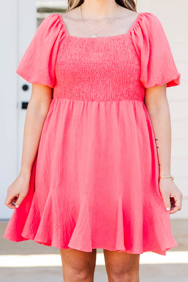 Chic Soul plus size clothing, hot coral babydoll mini dress with smocked chest and puff short sleeves
