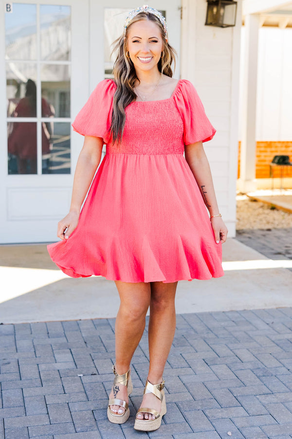 Chic Soul plus size clothing, hot coral babydoll mini dress with smocked chest and puff short sleeves