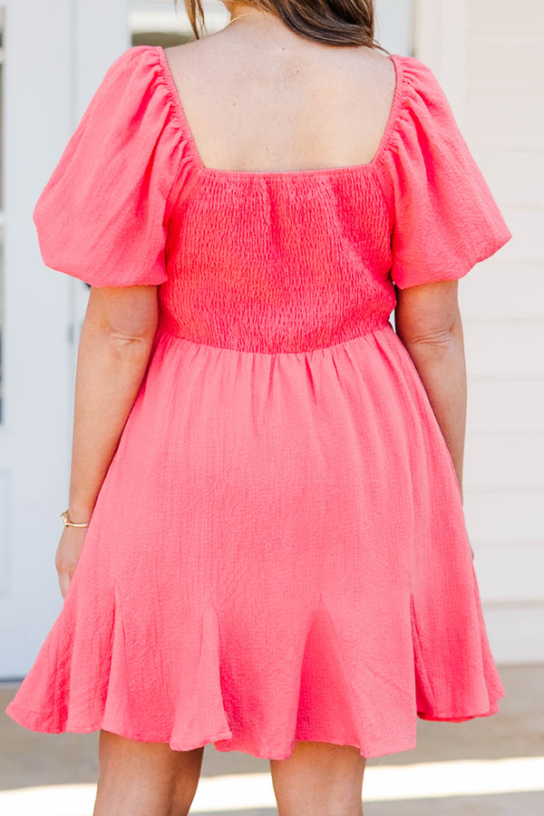 Chic Soul plus size clothing, hot coral babydoll mini dress with smocked chest and puff short sleeves