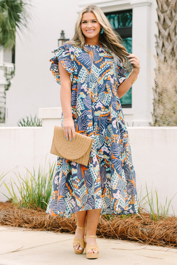 Chic soul plus size clothing, Navy midi dress with a high neck flutter sleeves and a multi color abstract pattern throughout 