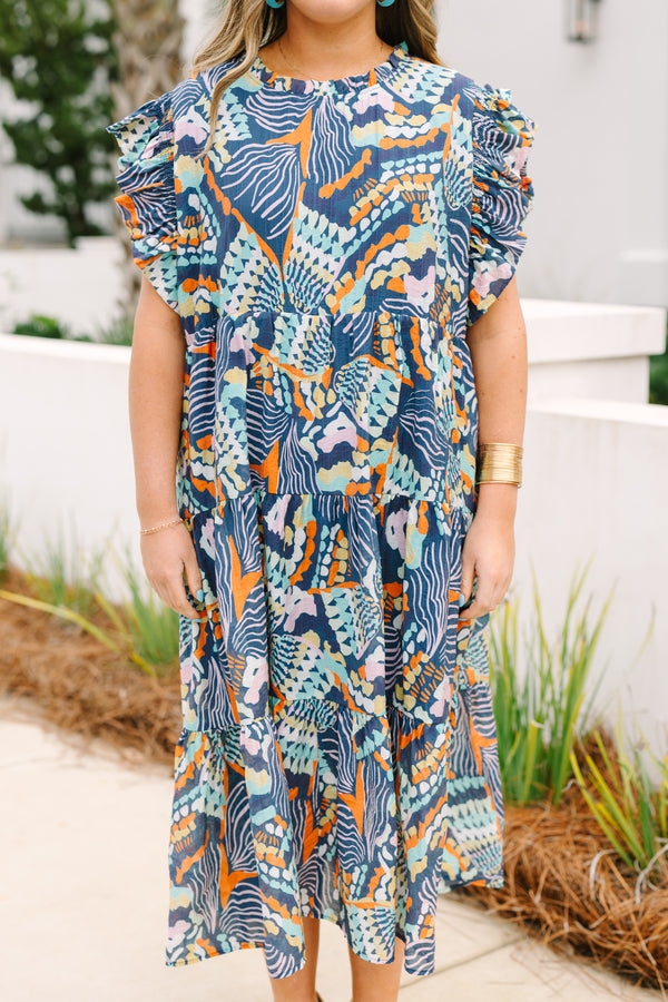 Chic soul plus size clothing, Navy midi dress with a high neck flutter sleeves and a multi color abstract pattern throughout 