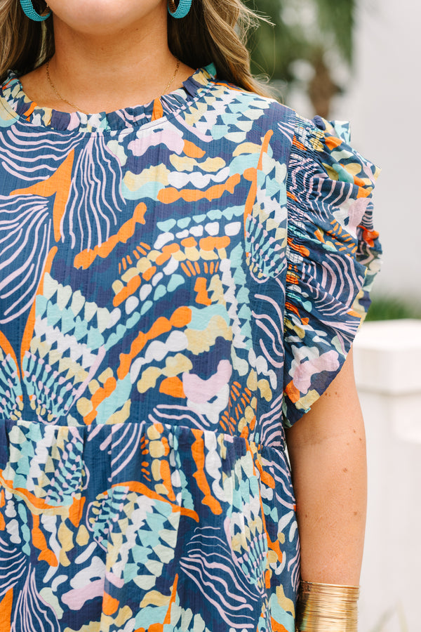 Chic soul plus size clothing, Navy midi dress with a high neck flutter sleeves and a multi color abstract pattern throughout 