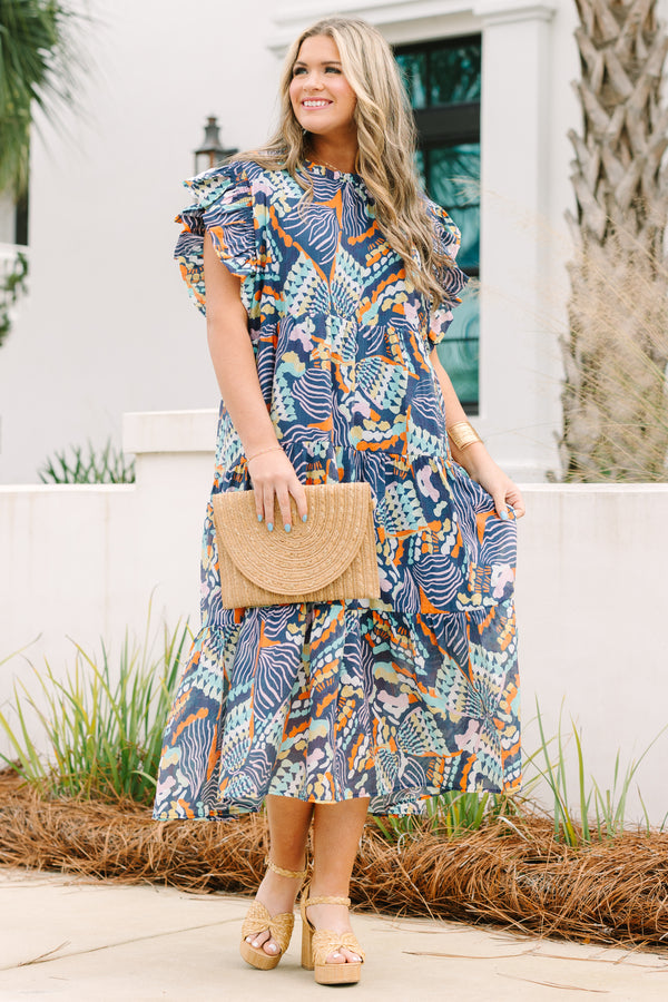 Chic soul plus size clothing, Navy midi dress with a high neck flutter sleeves and a multi color abstract pattern throughout 