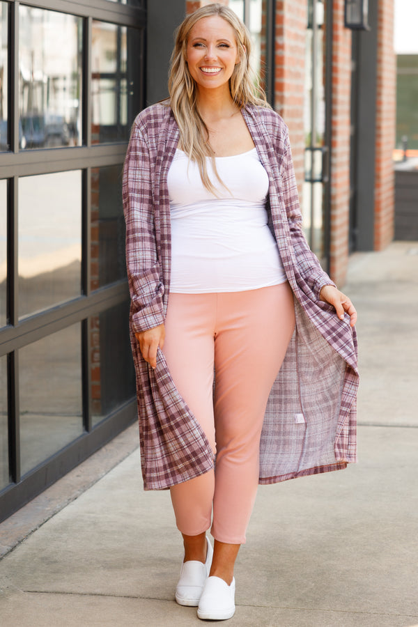Chic Soul plus size clothing, mauve plaid pattern cardigan