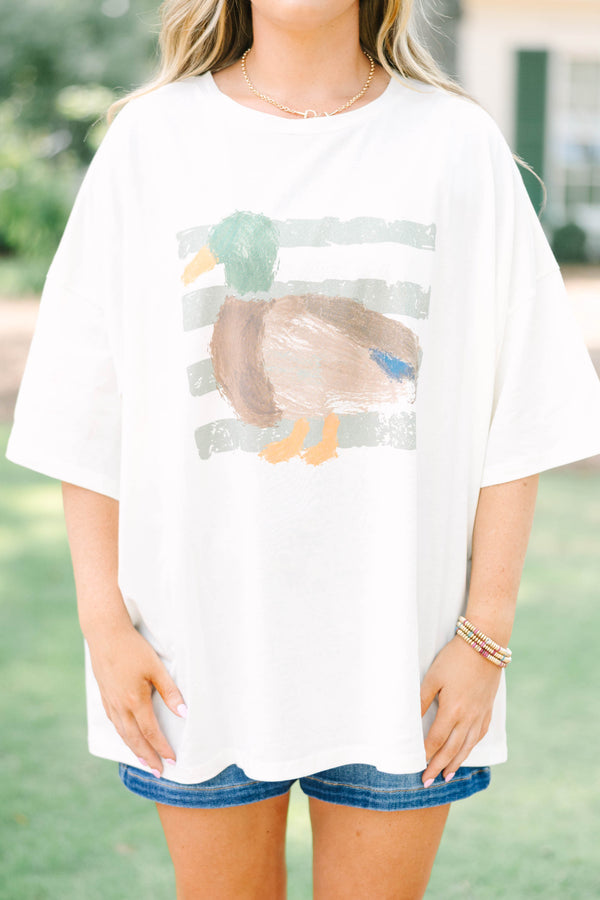 Plus Size ivory boyfriend tee with a mallard duck graphic 