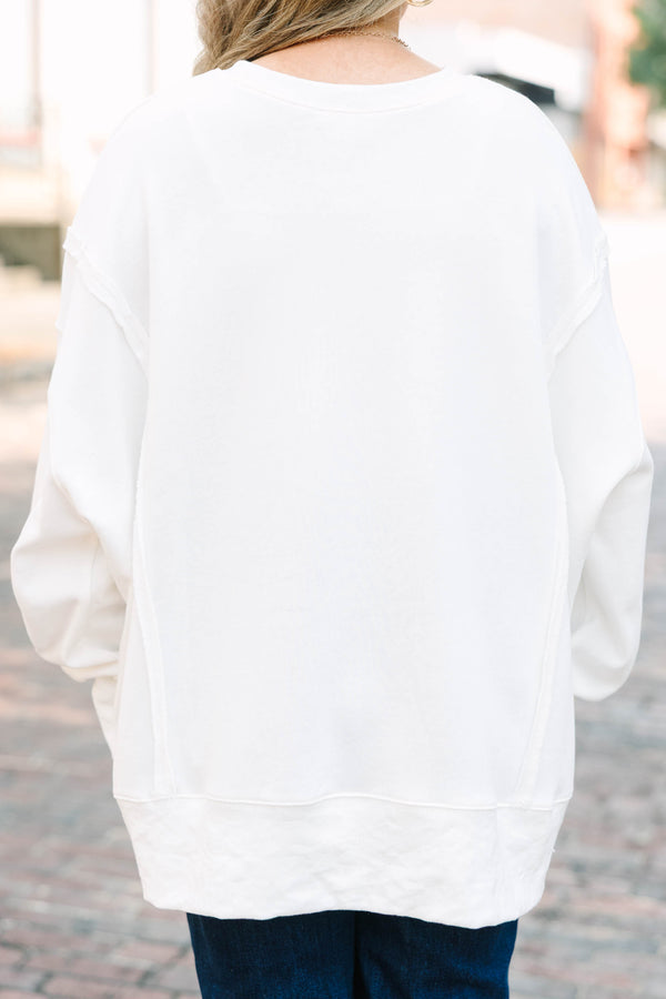 Plus Size ivory crewneck sweatshirt with a painted mallard duck graphic and ribbed cuffs.