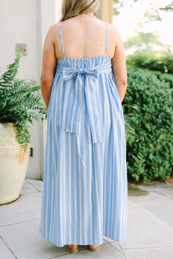 Plus Size light blue and white vertical striped maxi dress with thin straps and a square neckline.
