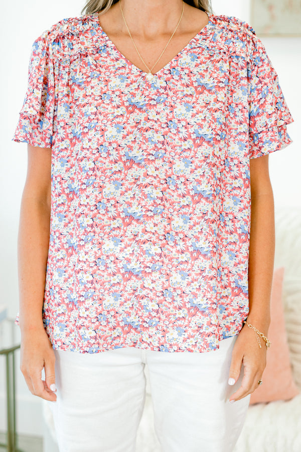 Chic Soul plus size clothing, coral short sleeve floral flowy top with v neckline