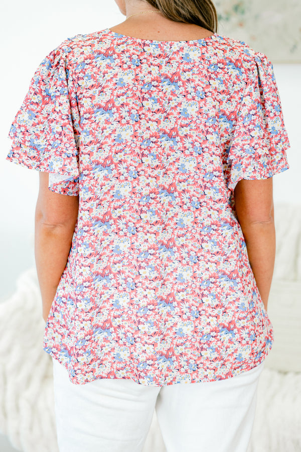 Chic Soul plus size clothing, coral short sleeve floral flowy top with v neckline