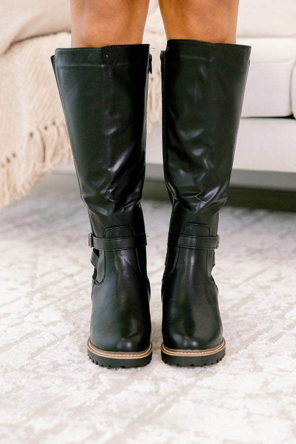 Chic Soul plus size clothing, black shiny round toe boots with side zipper and a buckle detail