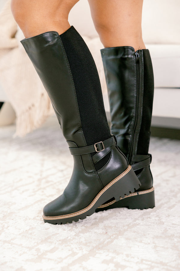 Chic Soul plus size clothing, black shiny round toe boots with side zipper and a buckle detail