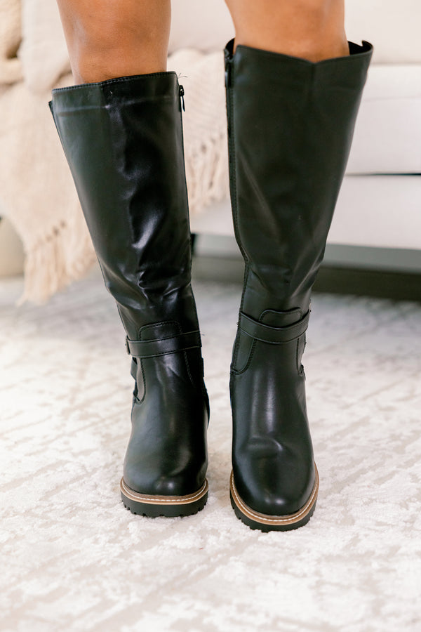 Chic Soul plus size clothing, black shiny round toe boots with side zipper and a buckle detail