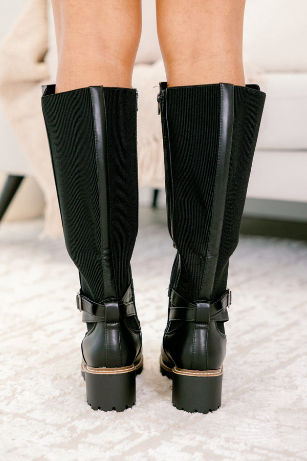 Chic Soul plus size clothing, black shiny round toe boots with side zipper and a buckle detail