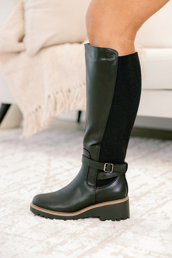 Chic Soul plus size clothing, black shiny round toe boots with side zipper and a buckle detail