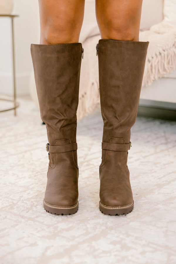 Chic Soul plus size clothing, brown round toe boots with side zipper and a buckle detail