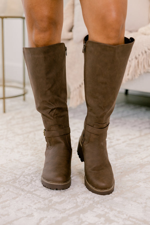 Chic Soul plus size clothing, brown round toe boots with side zipper and a buckle detail