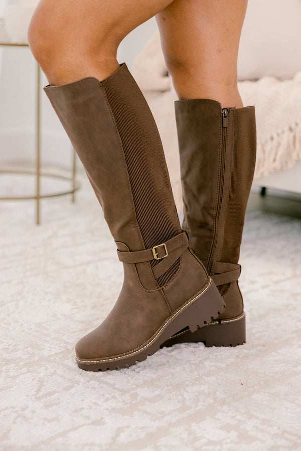 Chic Soul plus size clothing, brown round toe boots with side zipper and a buckle detail