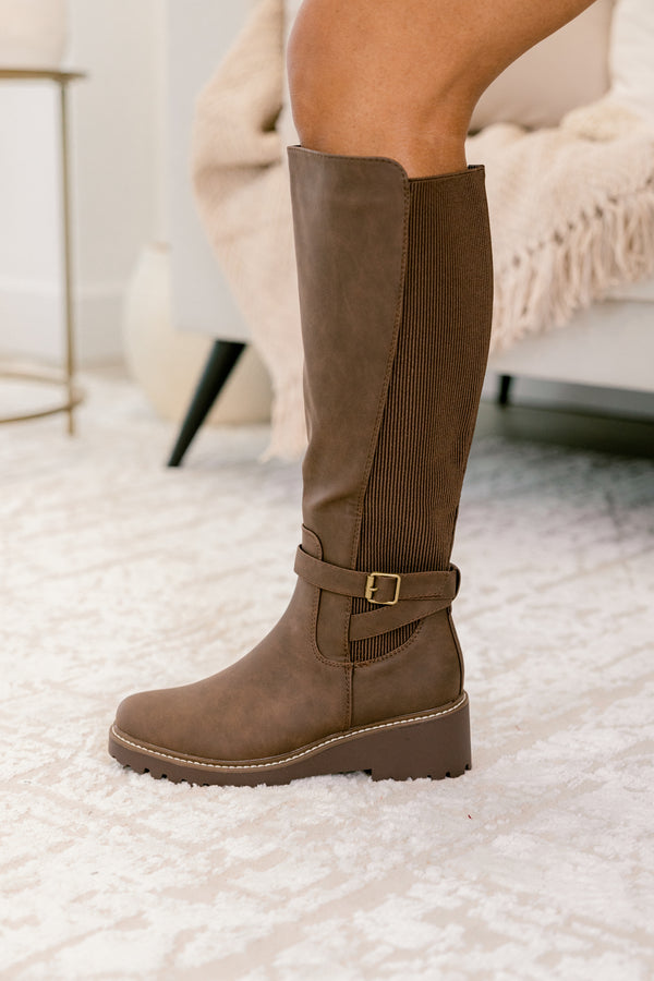 Chic Soul plus size clothing, brown round toe boots with side zipper and a buckle detail