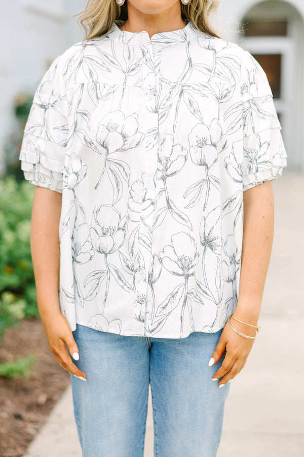 Plus Size cream cotton top with a black floral line-art print, puff sleeves, and a button-up front.