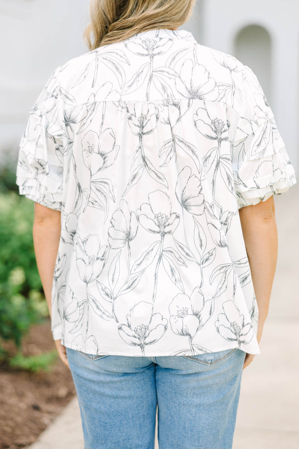 Plus Size cream cotton top with a black floral line-art print, puff sleeves, and a button-up front.