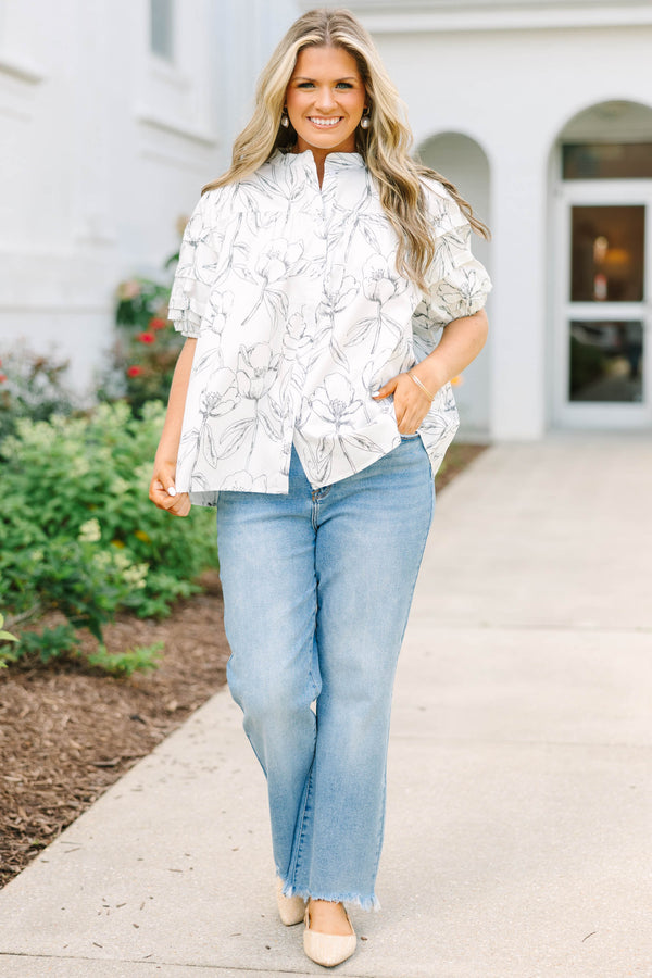Plus Size cream cotton top with a black floral line-art print, puff sleeves, and a button-up front.